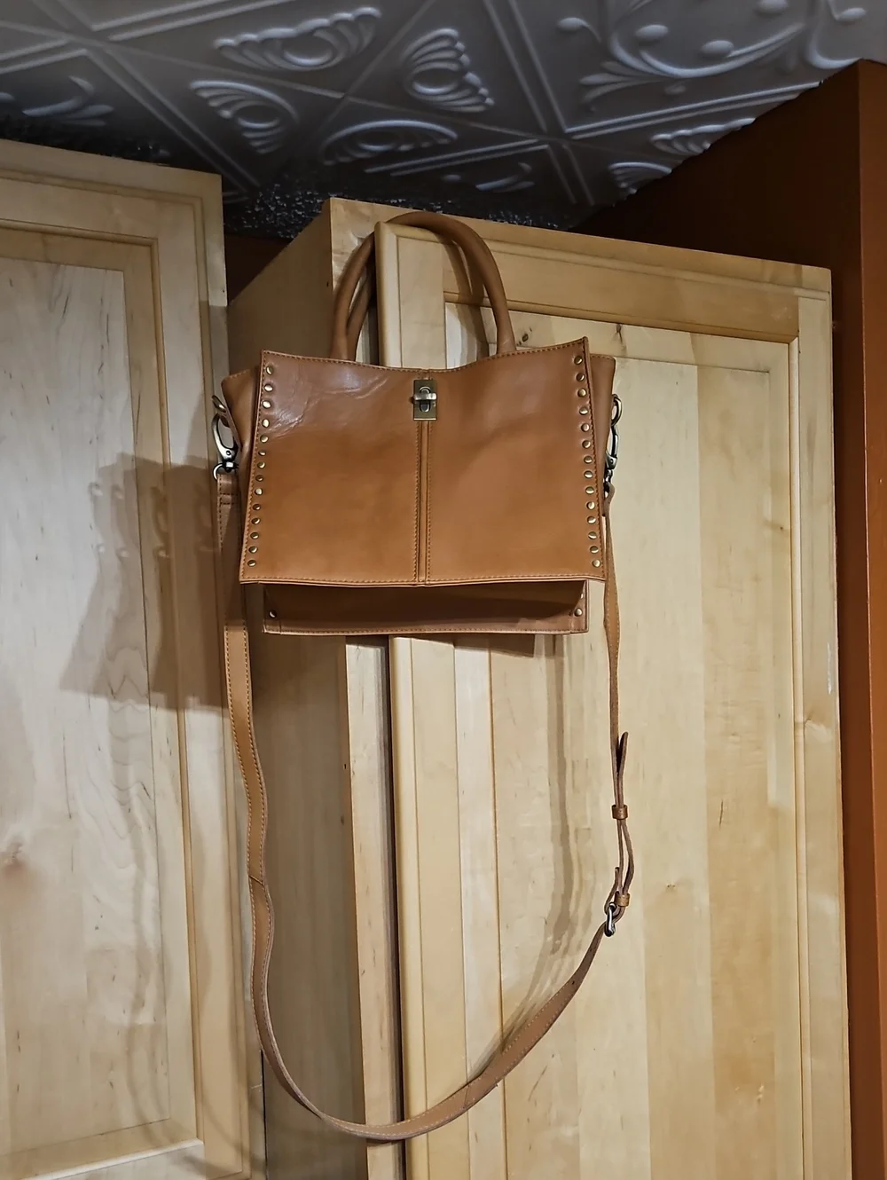 Marta Ponti Brown Leather Stud-Trim Turnlock Crossbody Shoulder Satchel Bag Boho